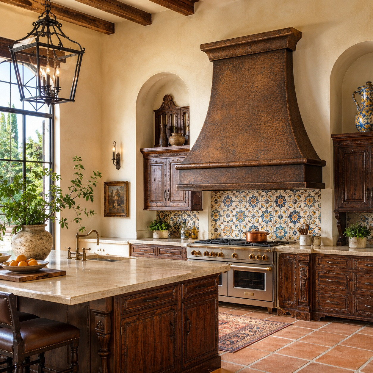Spanish Colonial kitchen with dark hammered copper range hood, Talavera tile, carved wood cabinetry and Saltillo floor