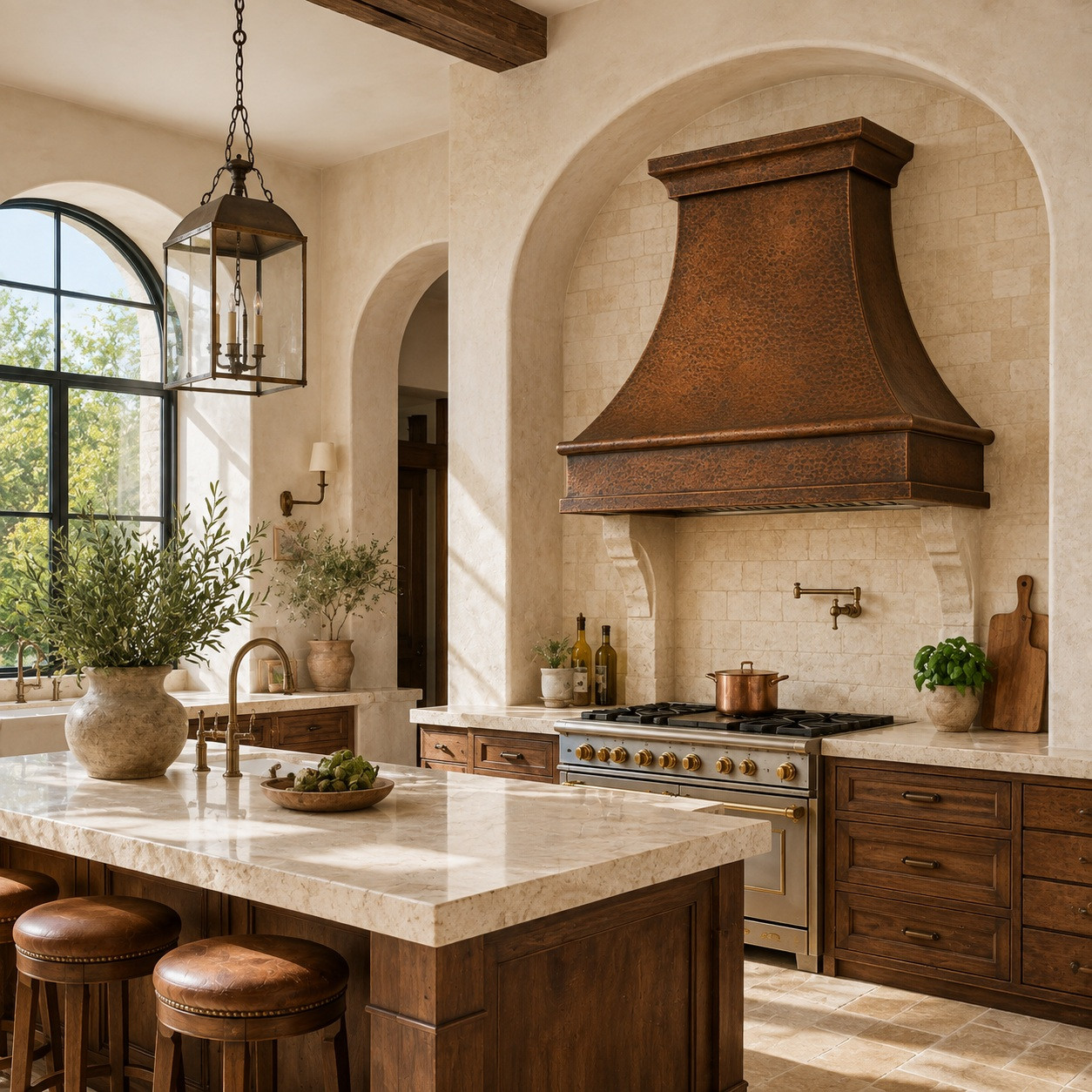 Mediterranean kitchen with hammered copper range hood, limestone backsplash, walnut cabinetry and arched windows