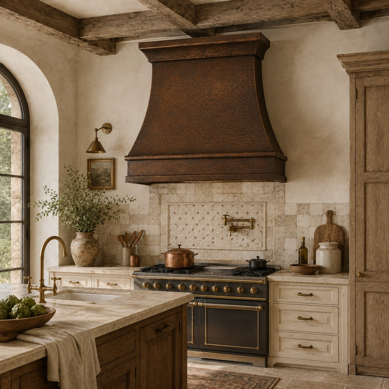 Rustic European kitchen with hammered copper bell range hood, apron, and layered crown