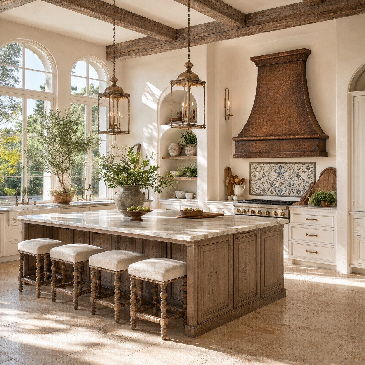 French Country kitchen with hammered copper range hood, bright windows, cream cabinetry and oversized stone-topped island