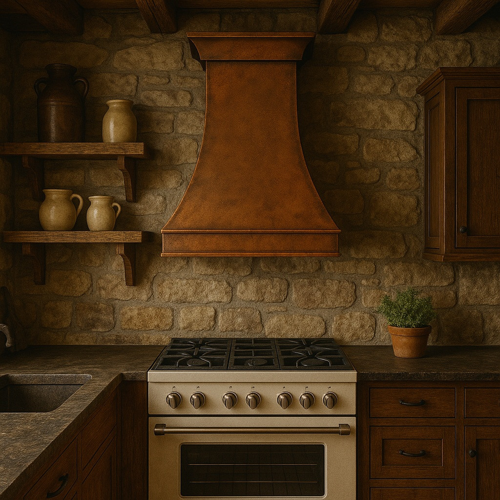 High-end copper range hood in rustic kitchen