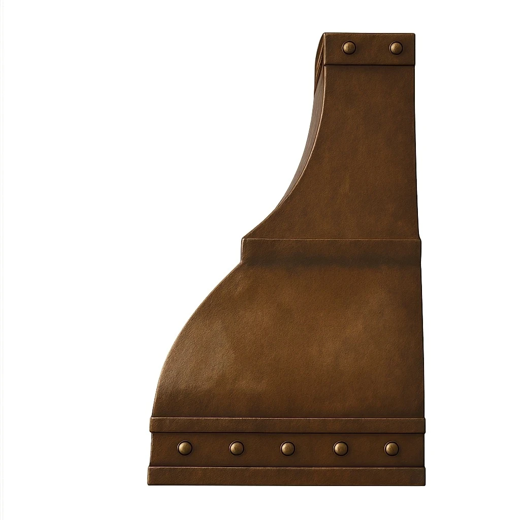 Handcrafted copper range hood with flared body and riveted bands side view, flared canopy with riveted straps and defined apron profile