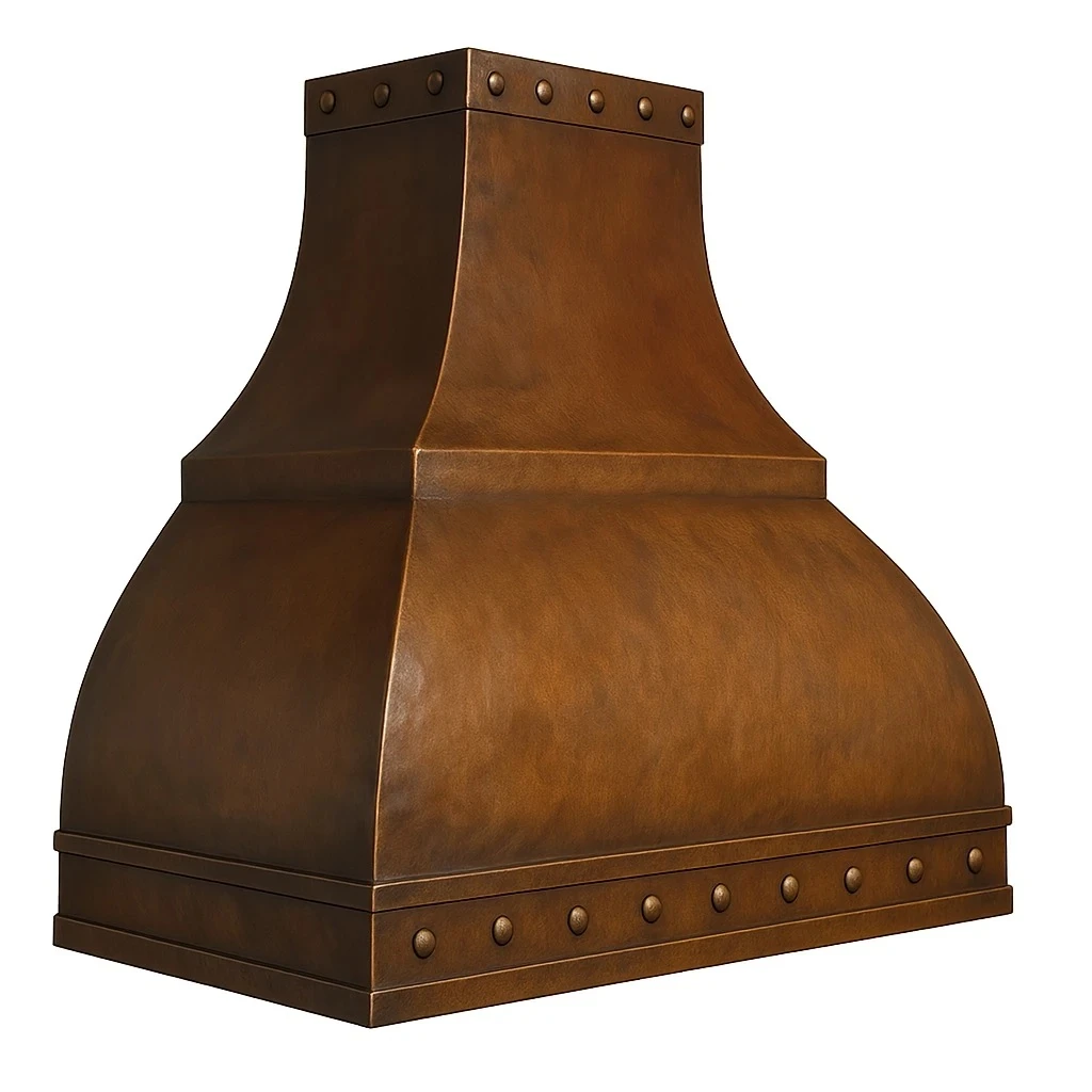 Handcrafted copper range hood with flared body and riveted bands angled view, flared canopy with riveted straps and apron detail