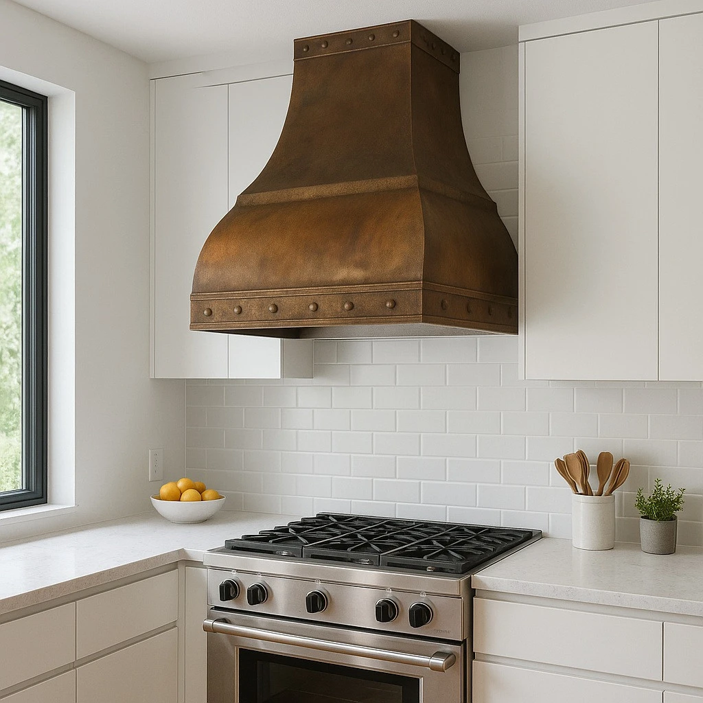 Handcrafted copper range hood with flared body and riveted bands in modern kitchen, warm patina canopy above range with clean cabinetry