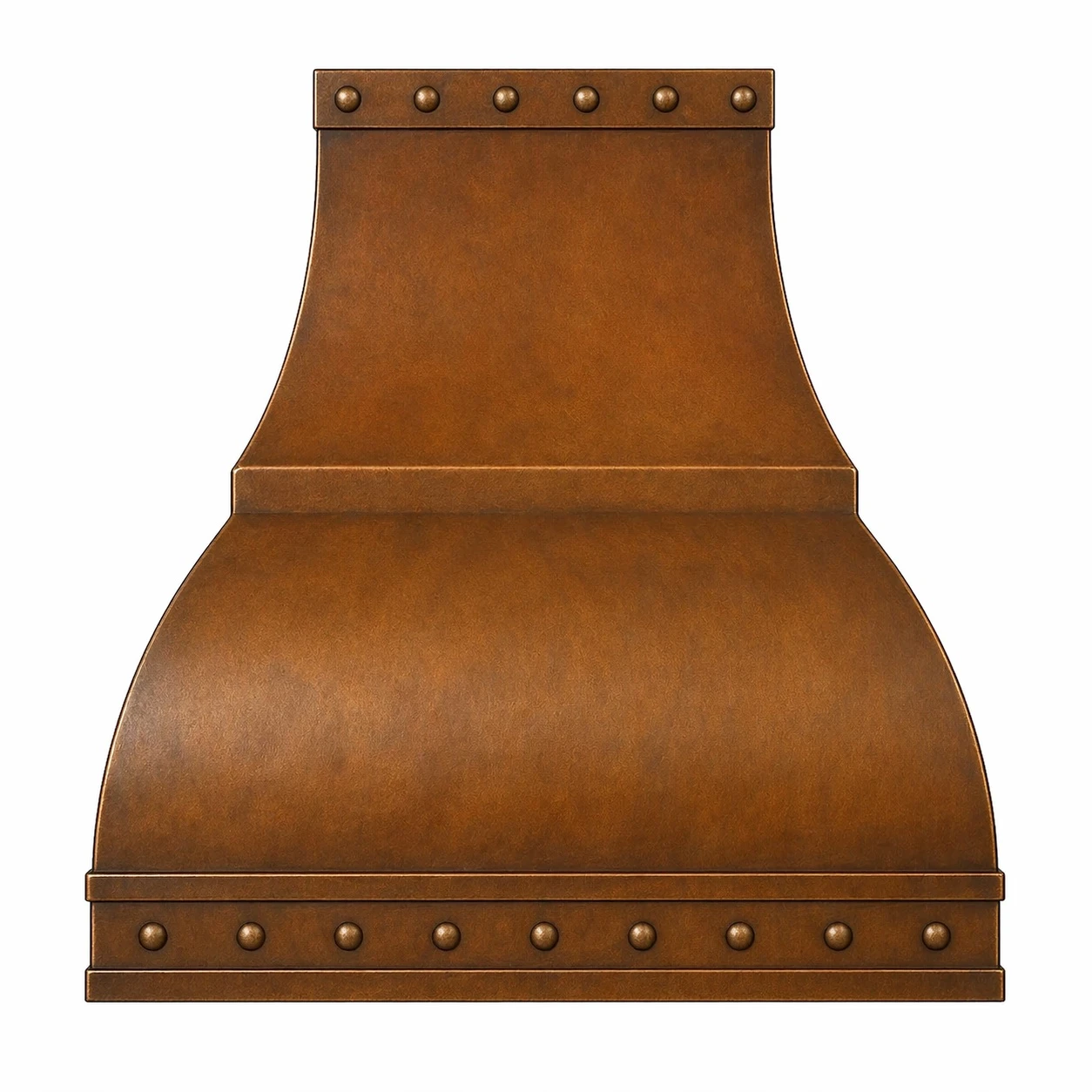 Handcrafted copper range hood with flared body and riveted bands front view, smooth canopy with apron and vertical strap detailing