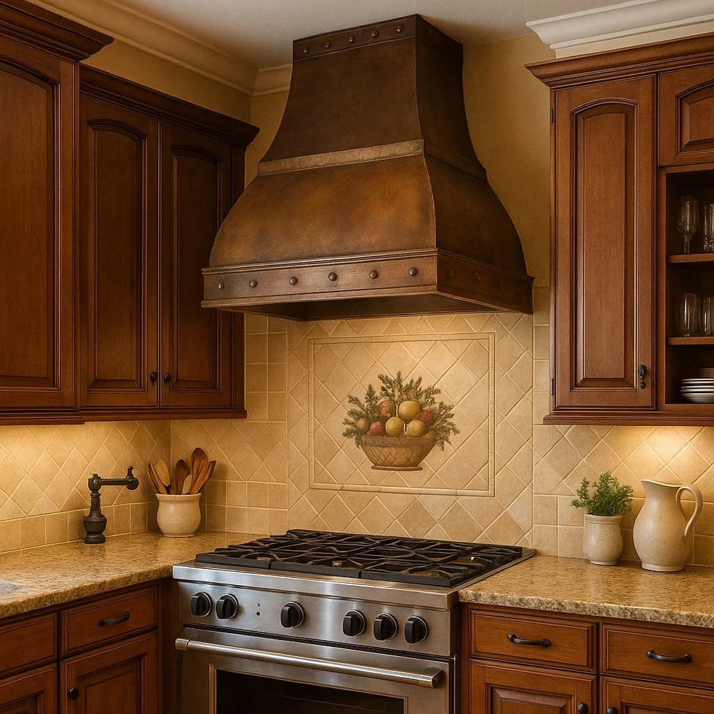 Handcrafted copper range hood with flared body and riveted bands in traditional kitchen, warm patina canopy above range with detailed cabinetry