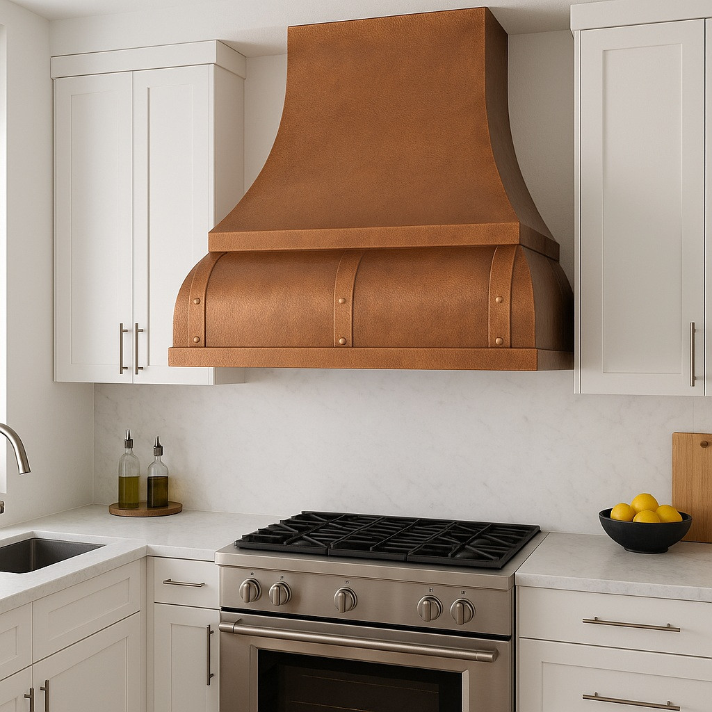 Smooth copper range hood in modern kitchen