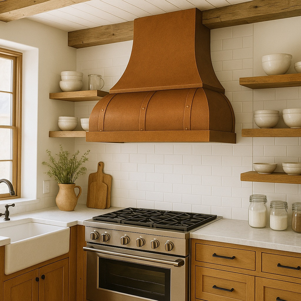 Smooth copper range hood in farmhouse kitchen