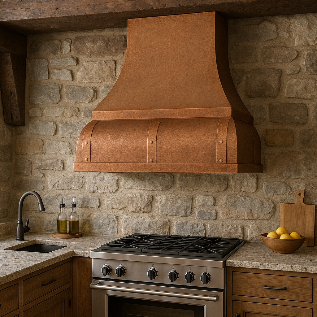 Smooth copper range hood in rustic kitchen