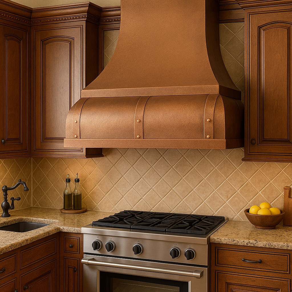 Smooth copper range hood in traditional kitchen