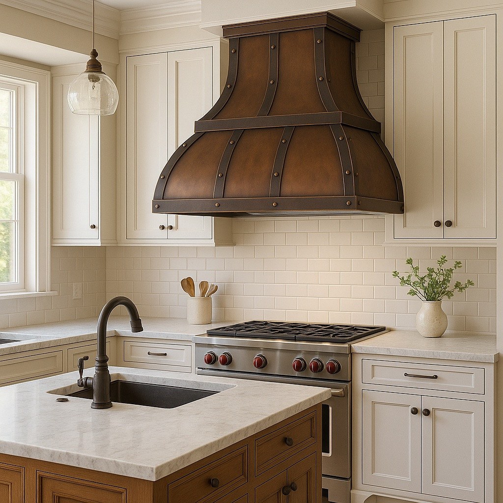 Wall mount copper range hood for gas stoves in transitional kitchen, hammered bell shaped canopy with decorative straps above balanced cabinetry and refined stone surfaces