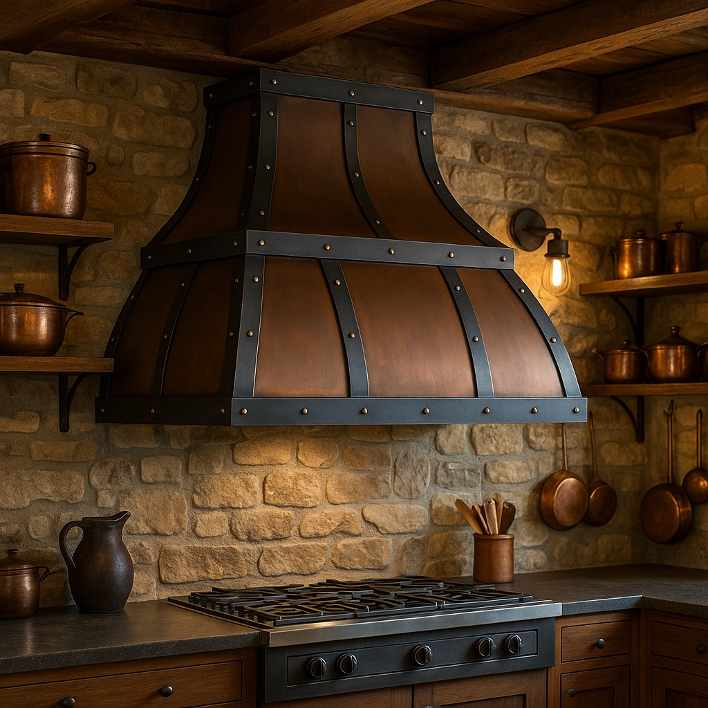 Copper range hood for gas stoves in rustic kitchen, hammered bell shaped canopy with decorative straps above stone backsplash, exposed timber beams and natural wood cabinetry