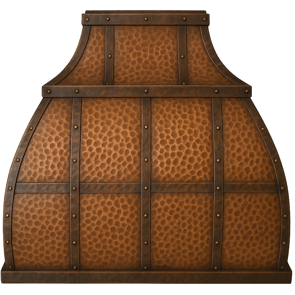 Copper range hood for gas stoves front view on white background, hammered bell shaped canopy with decorative straps, squared apron and handcrafted copper finish