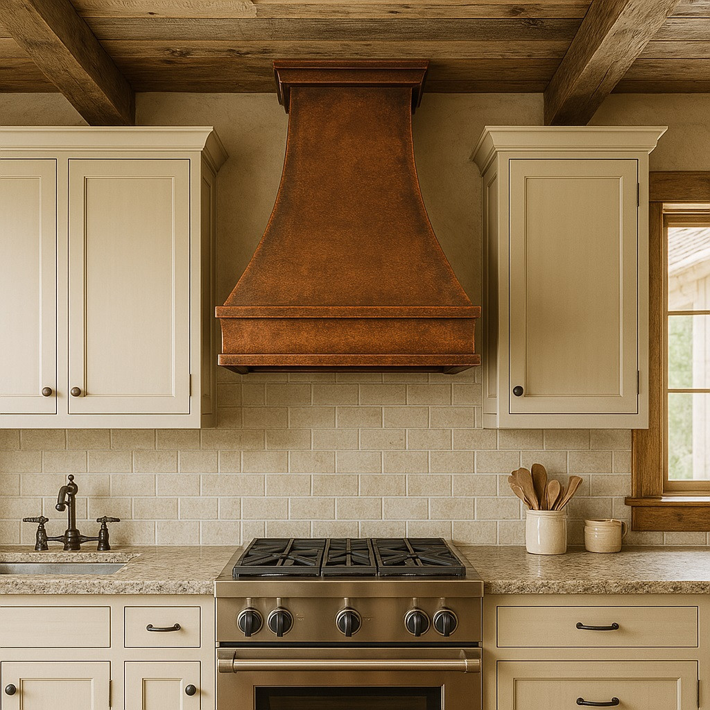Country style kitchen copper vent hood with light patina, hammered canopy above rustic cabinetry and warm wood accents