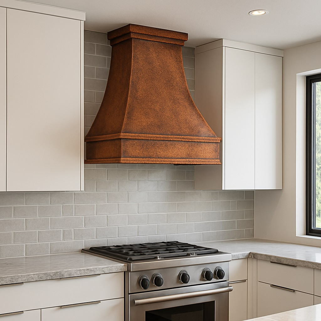 Country style kitchen copper vent hood in modern kitchen, hammered copper canopy above clean cabinetry and stone surfaces