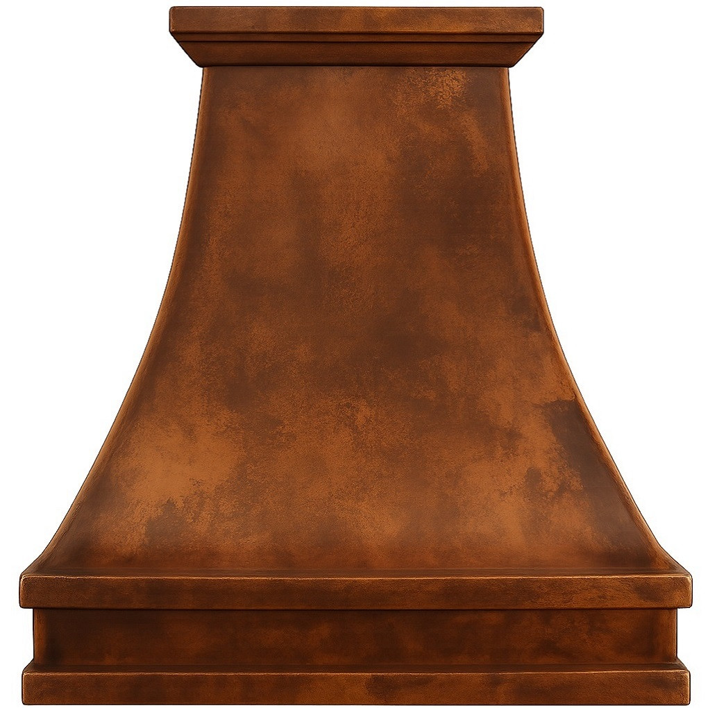 Country style kitchen copper vent hood with light patina front view, hammered copper canopy with warm rustic finish and classic tapered silhouette