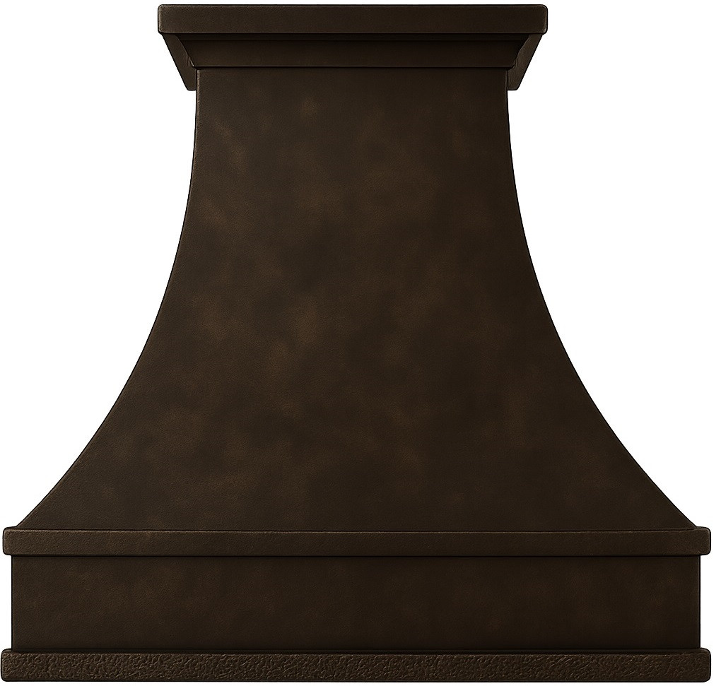Country style kitchen copper vent hood with dark patina front view, hammered copper canopy with deep rustic finish and classic tapered silhouette