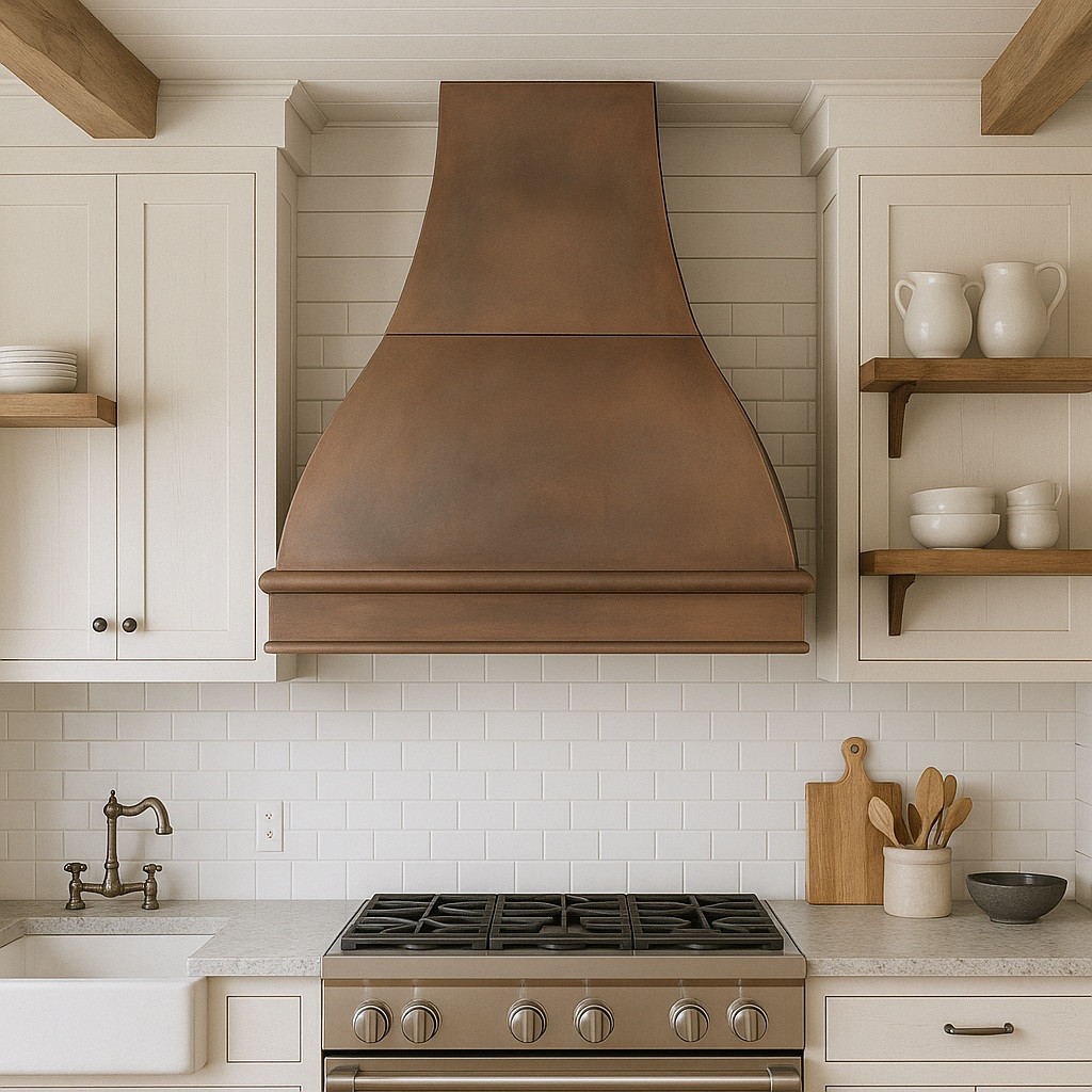 Amarillo copper range hood in farmhouse kitchen