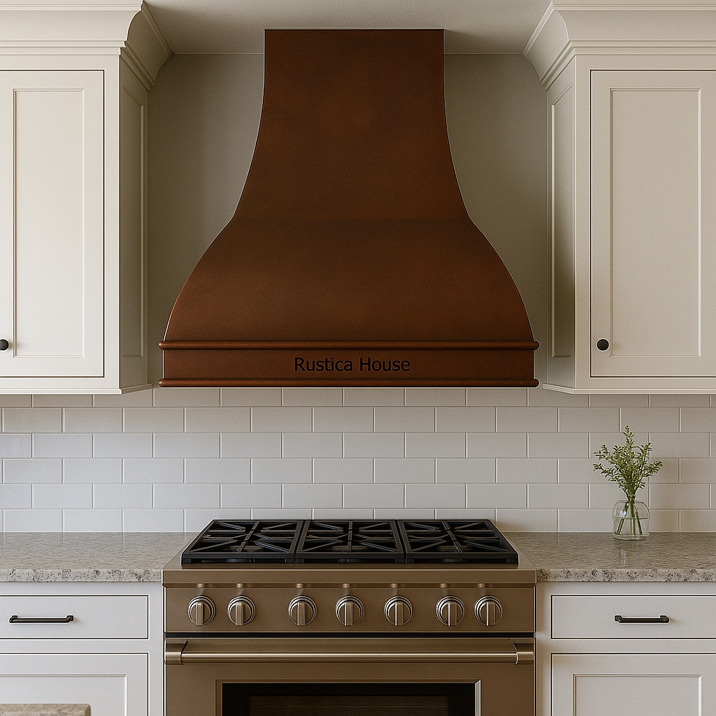 Amarillo copper range hood in transitional kitchen