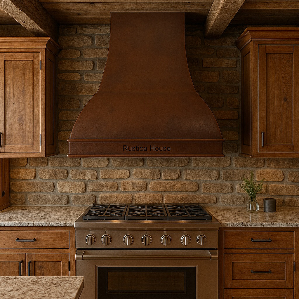 Amarillo copper range hood in rustic kitchen