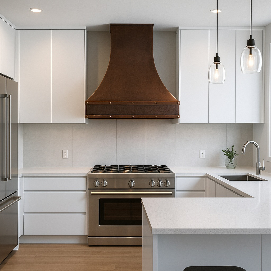 Hammered copper kitchen hood with French Provincial design in modern kitchen, elegant bell canopy creating warm contrast with sleek cabinetry and clean surfaces