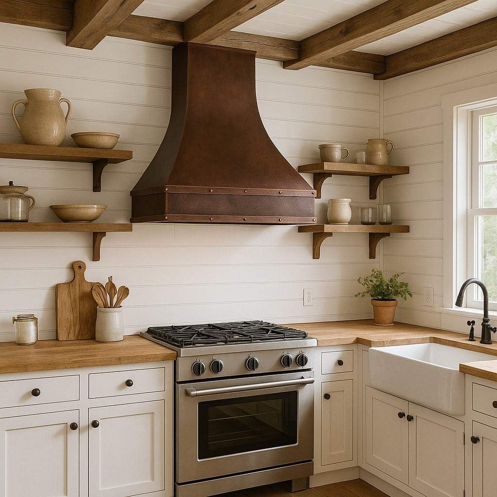 Hammered copper kitchen hood with French Provincial design in farmhouse kitchen, elegant bell canopy above shiplap walls and rustic wood accents