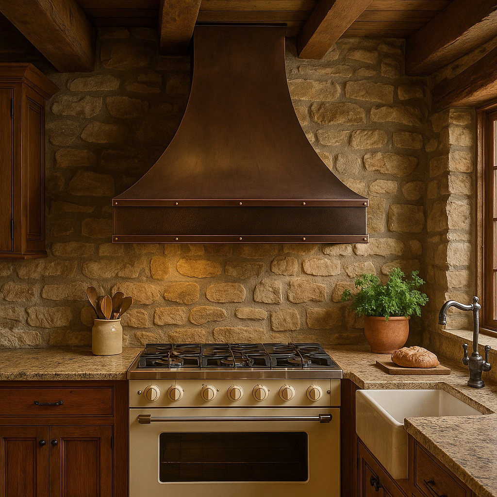 Hammered copper kitchen hood with French Provincial design in rustic kitchen, graceful bell canopy above stone backsplash and exposed timber beams