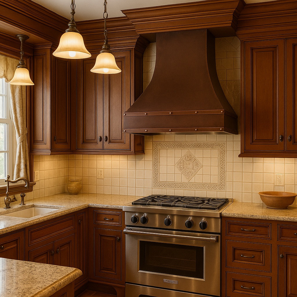 Asheville hammered copper hood in traditional kitchen