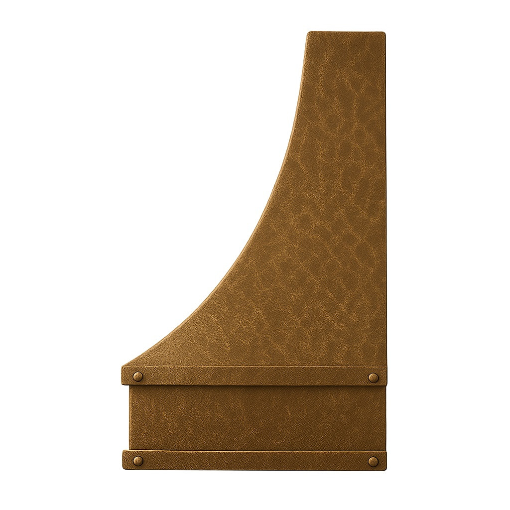 Hammered copper kitchen hood with French Provincial design side view on white background
