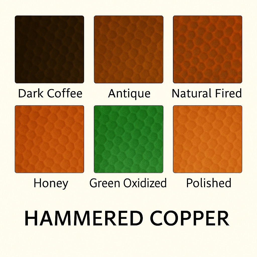 Hammered copper kitchen hood finish options including coffee, antique, natural, honey, green oxidized and hand polished copper surfaces for French Provincial design