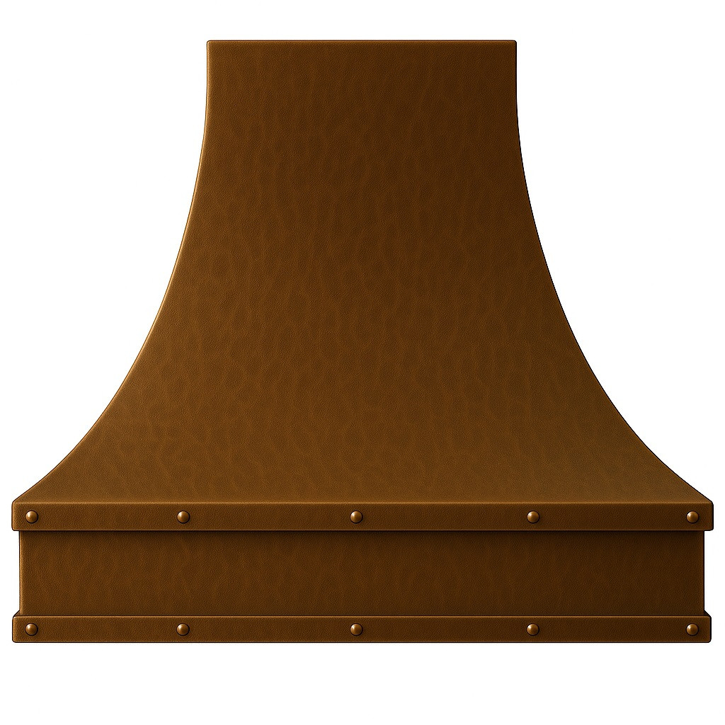 Hammered copper kitchen hood with French Provincial design front view on white background
