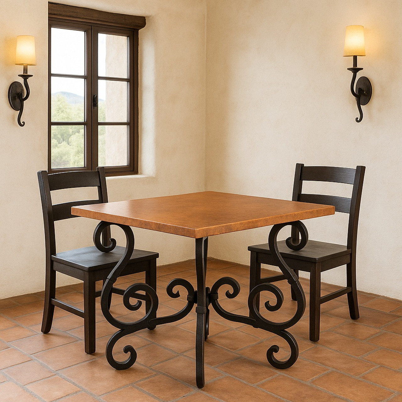 42-inch square copper top with wrought iron scroll base in a Pueblo Revivial style dinig room