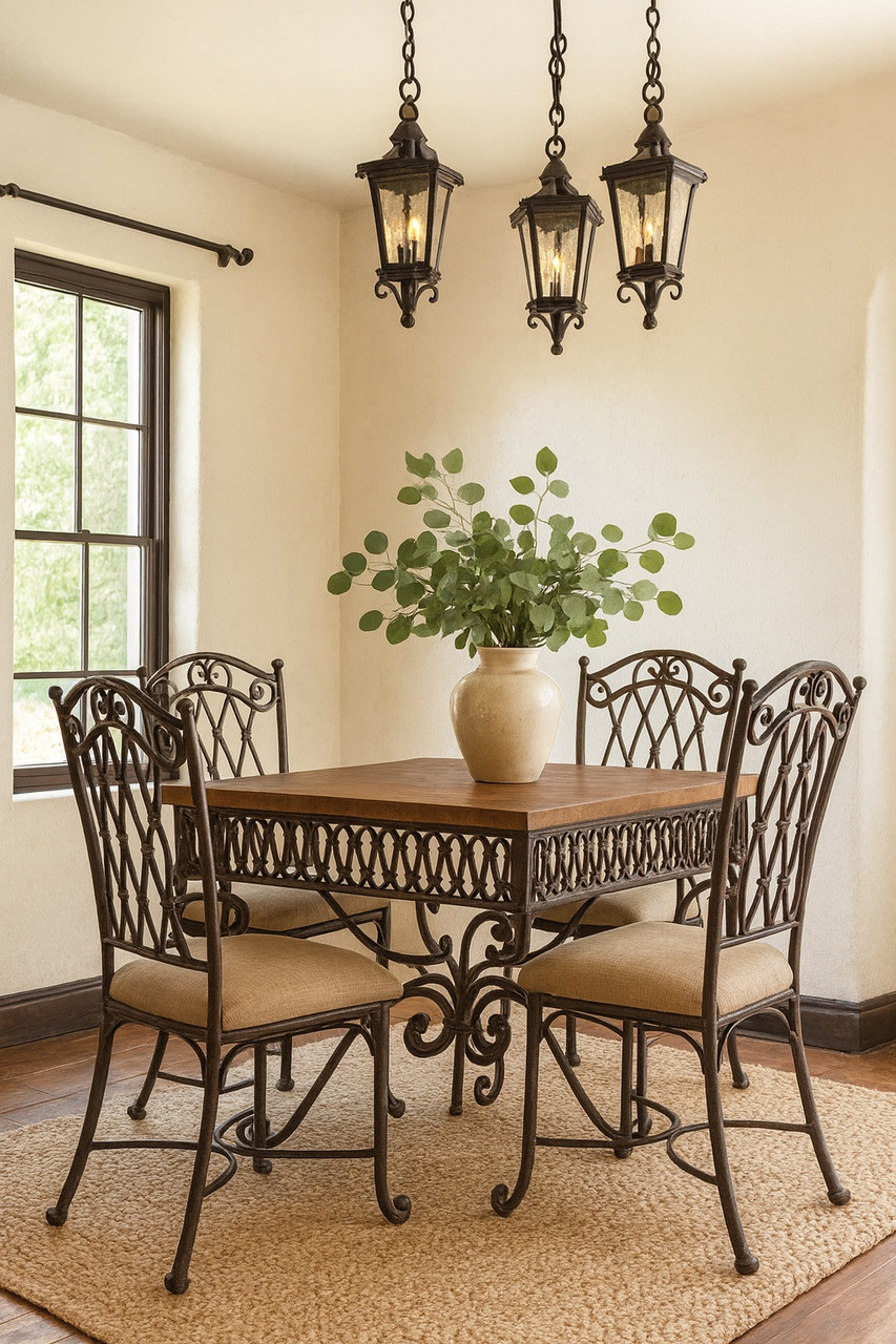 Copper table-top with an iron base in a Spanish Colonial style dining room setting