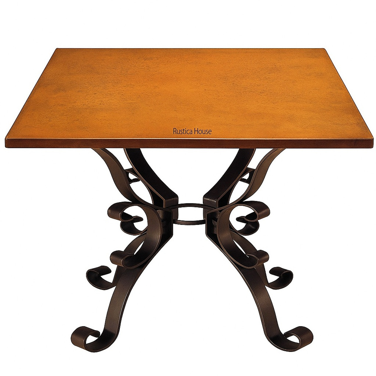 Square copper table with a scroll iron base