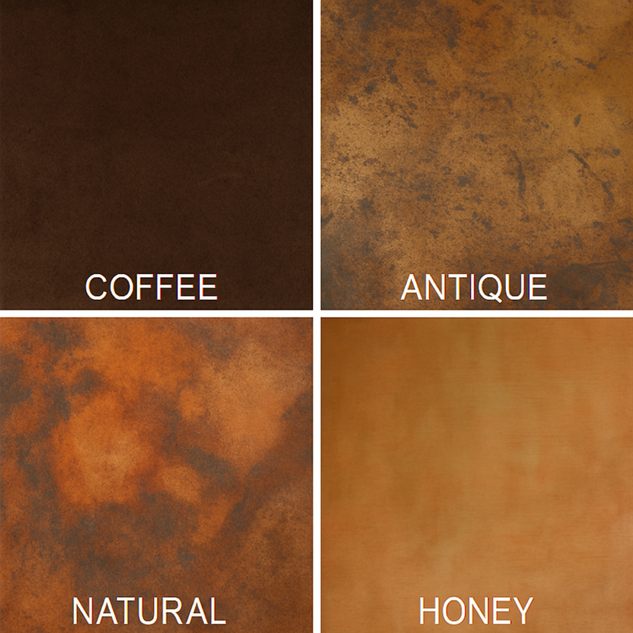 Copper table patina finish options: coffee, antique, natural or honey