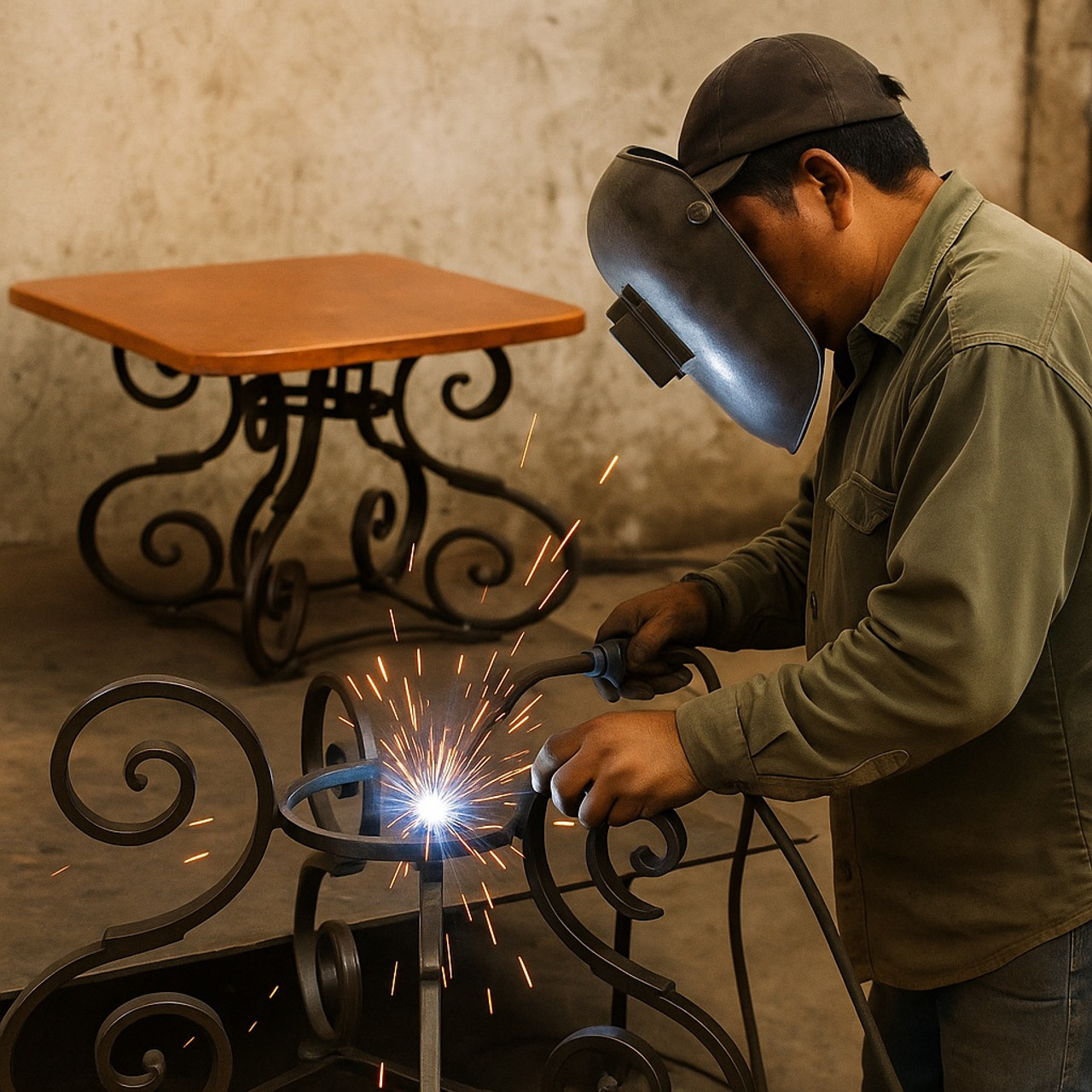 Mexican artisan fabricating a forged iron base of a dining copper table in his workshop.