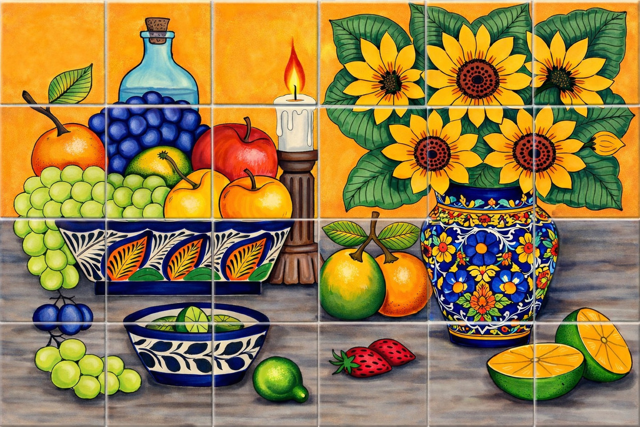 Talavera sunflower fruit tile mural