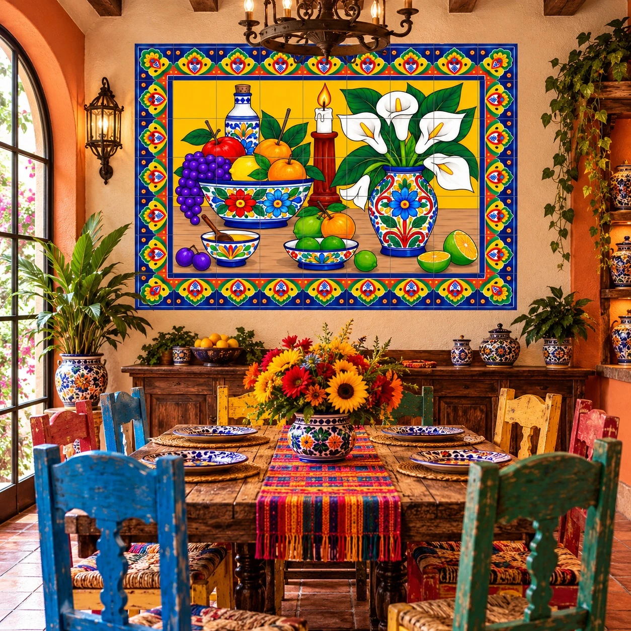 Talavera fruit and lily tile mural featured in a rustic dining room with colorful pottery