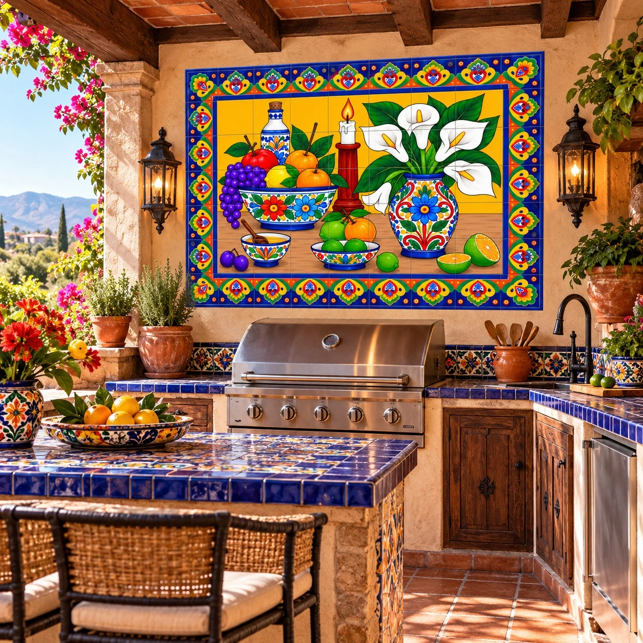 Talavera fruit and lily tile mural displayed in an outdoor kitchen with colorful Mexican decor