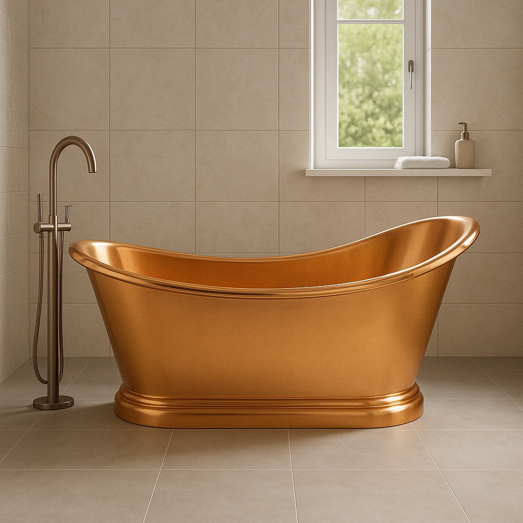 Polished hammered freestanding copper bathtub in traditional bathroom