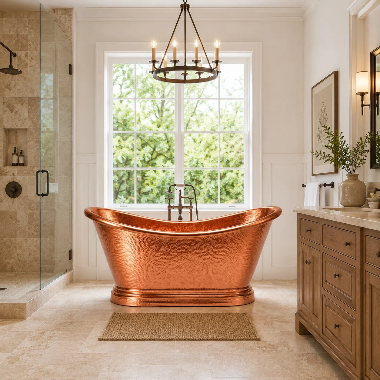 Transitional bathroom with polished hammered freestanding copper bathtub, stone, white walls, and wood