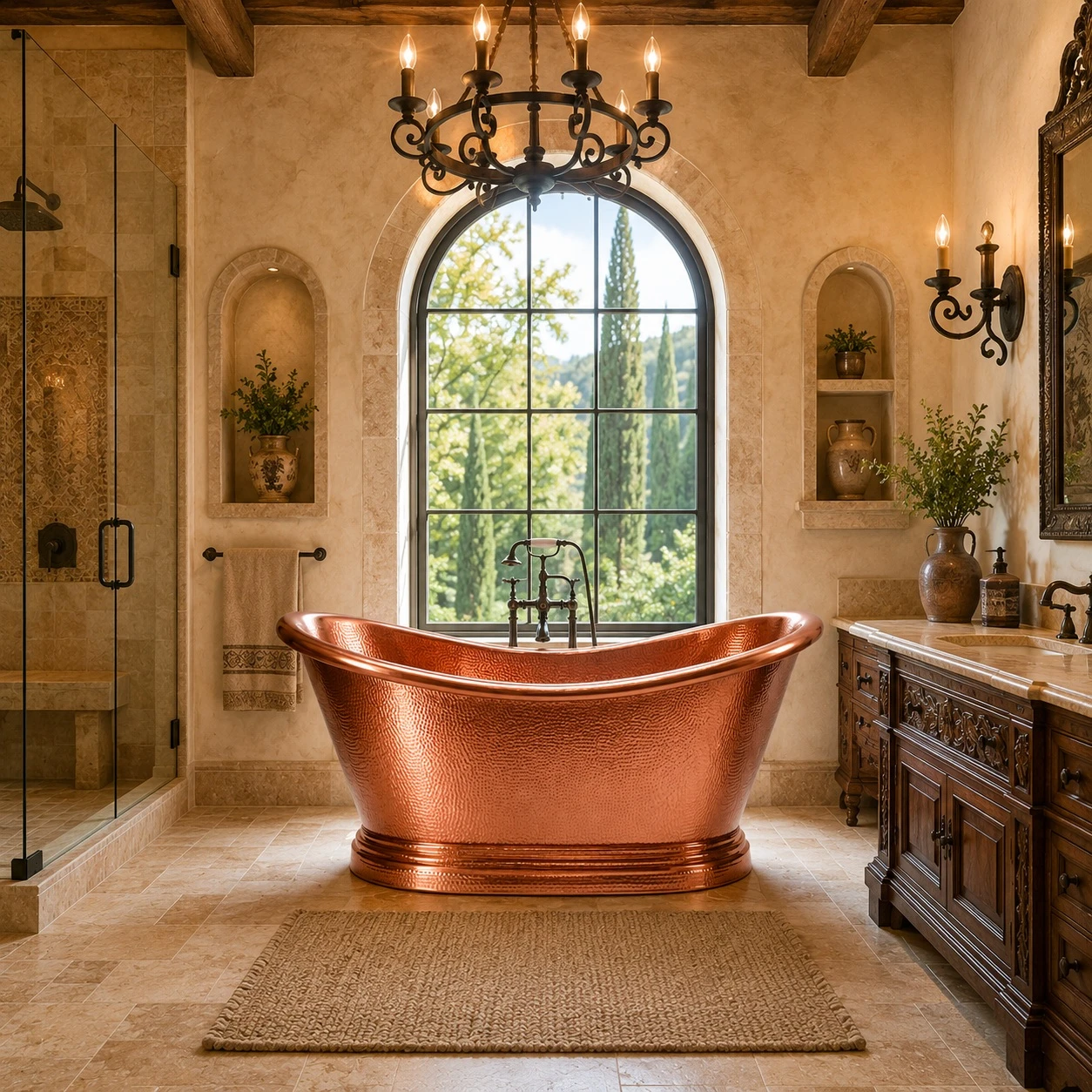 Tuscan bathroom with polished hammered freestanding copper bathtub, travertine, plaster, and wood