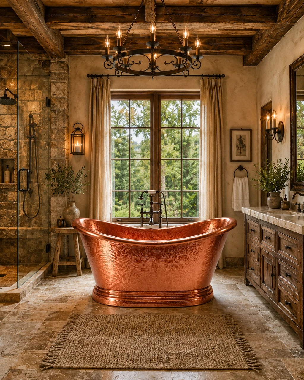 Rustic luxury bathroom with polished hammered copper bathtub, timber beams, stone floor, and bronze fixtures