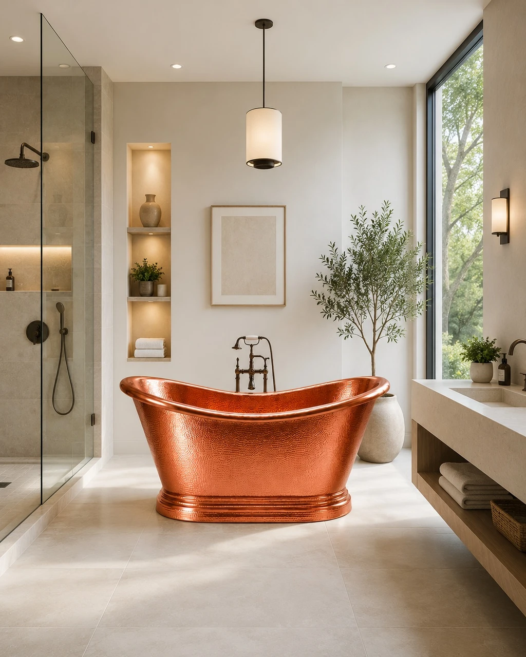 Contemporary spa bathroom with polished hammered freestanding copper bathtub and limestone tile