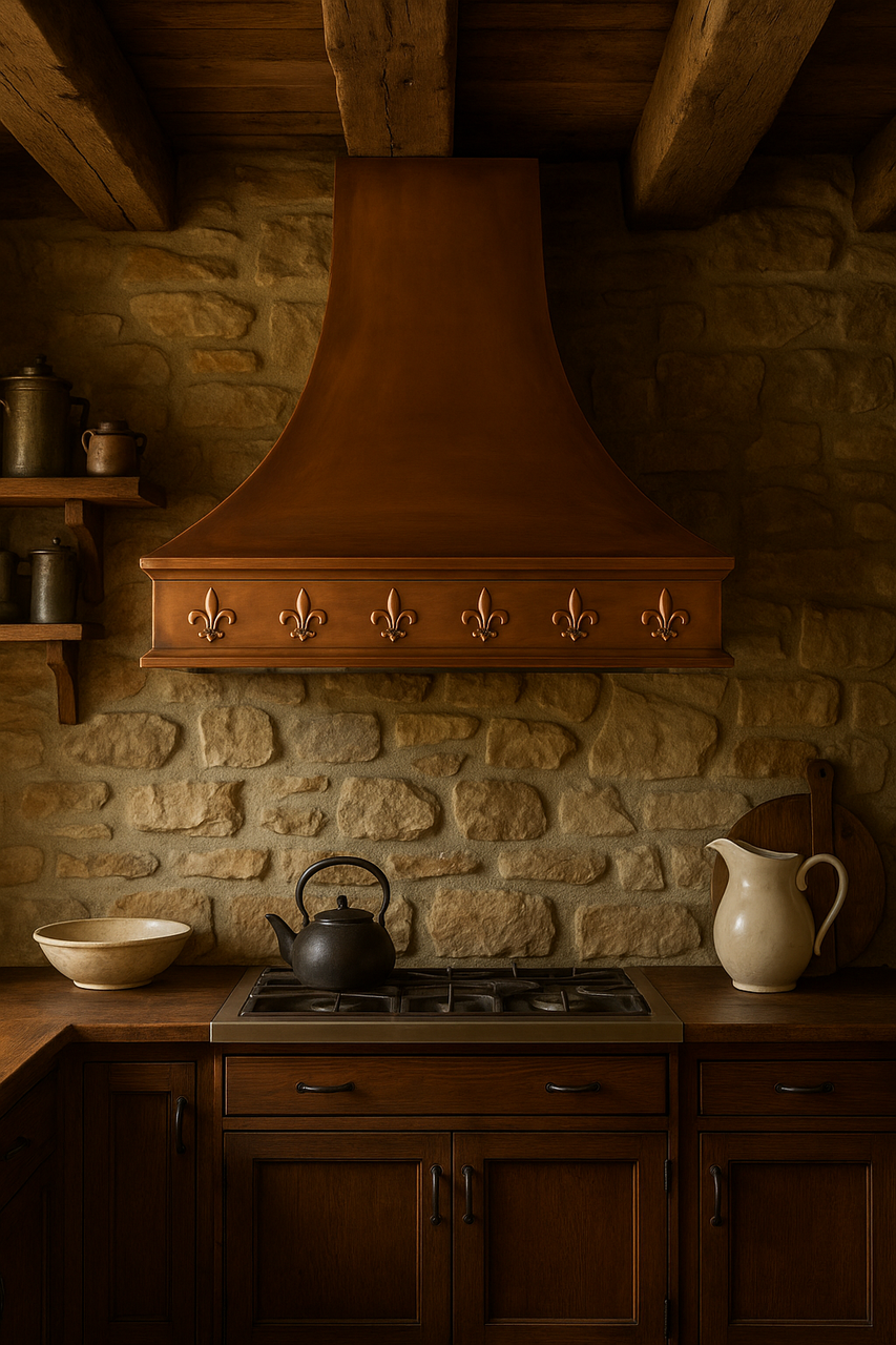 French copper hood in rustic kitchen