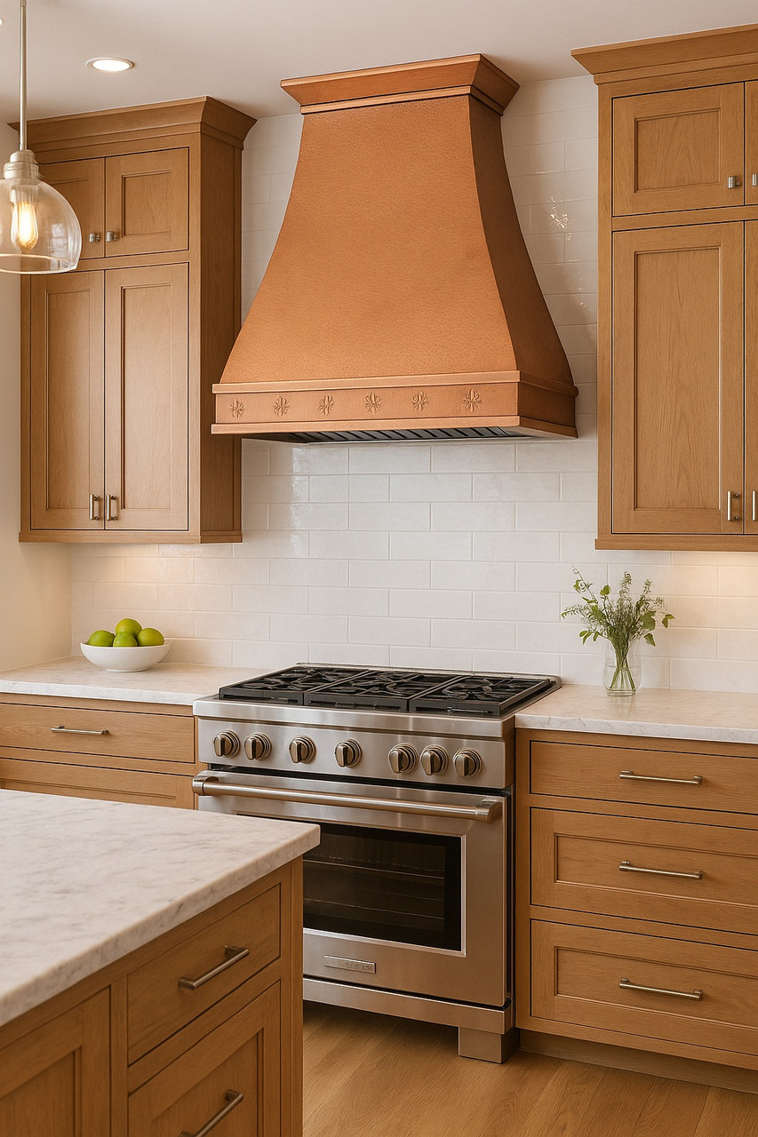 Augusta copper hood in a transitional kitchen with shaker cabinets