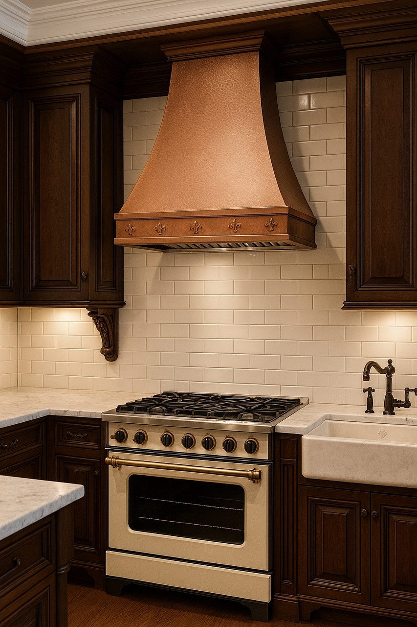 Augusta copper kitchen hood installed in a traditional kitchen with classic cabinetry