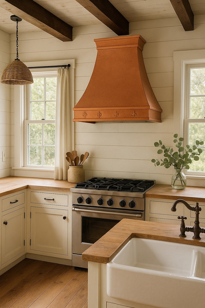 Augusta copper hood above a farmhouse-style island sink