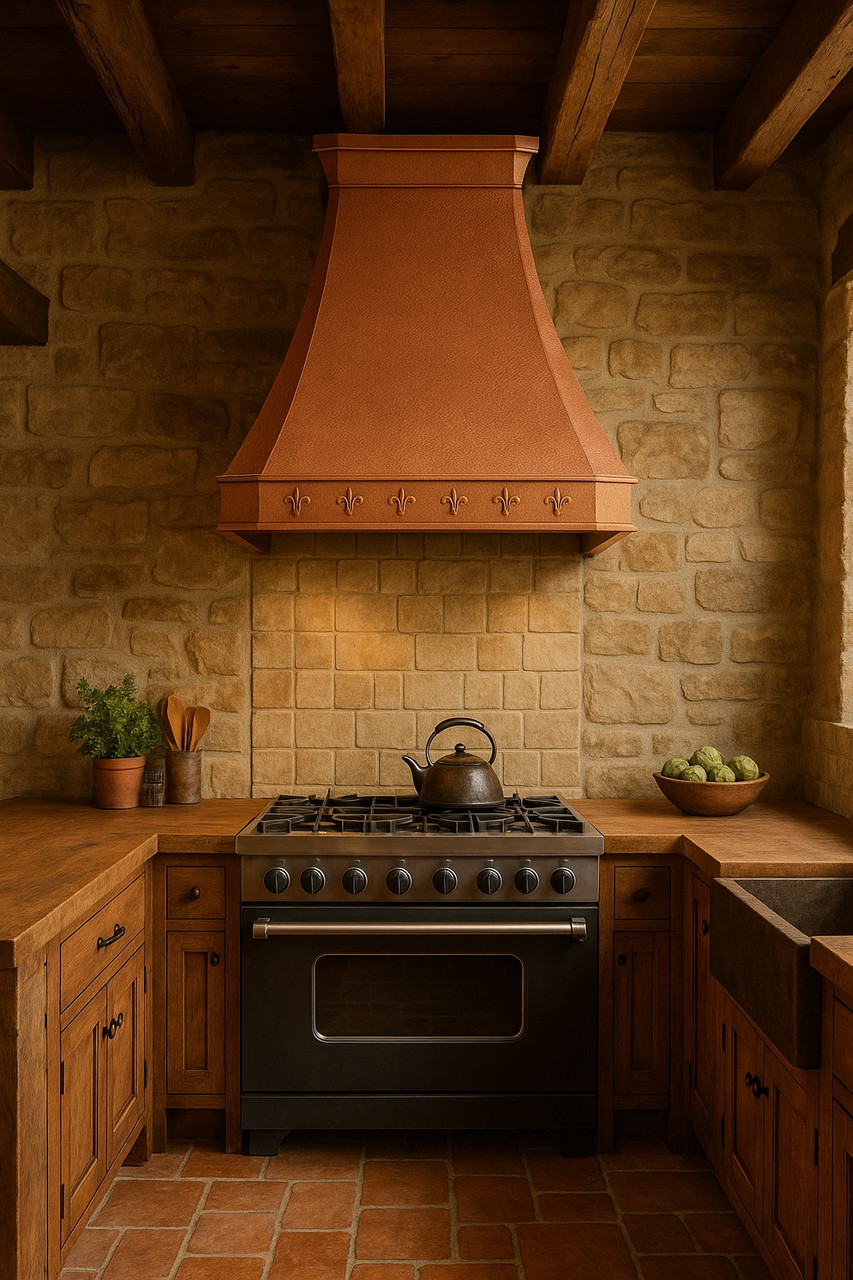 Augusta copper hood in a rustic kitchen with exposed beams