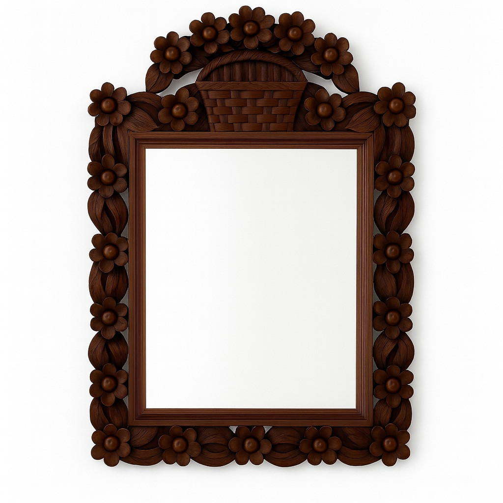 Hand-Carved Dark Wood Mirror with Floral Frame
